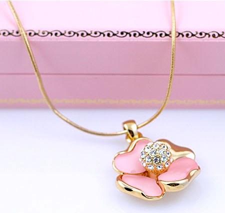 Glossy Pink Flower Necklace with Diamond Center