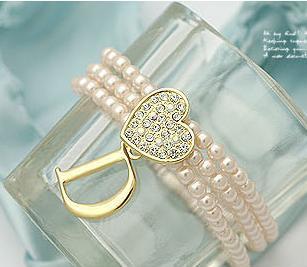 3 Row Pearls Bracelet with Diamond Heart and Letter D