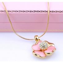 Glossy Pink Flower Necklace with Diamond Center
