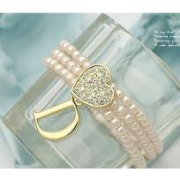 3 Row Pearls Bracelet with Diamond Heart and Letter D
